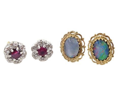 Pair of gold ruby and diamond cluster stud earrings and a pair of opal triplet stud earrings, both 9ctCondition Report:Approx