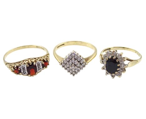 Gold garnet and diamond chip ring, gold cubic zirconia cluster ring and one other stone set dress ring, all hallmarked 9ct Co