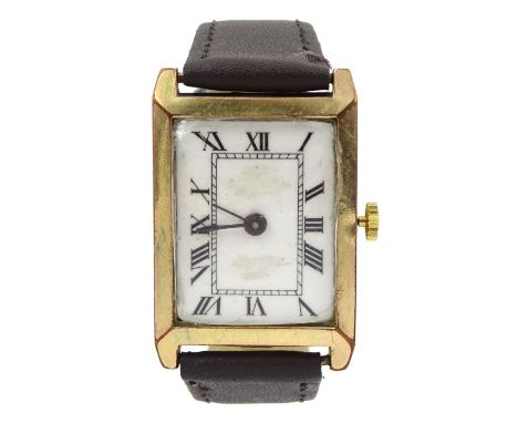 'Rolex' Unicorn gold-plated manual wind gentleman's rectangular wristwatch, on brown leather strapCondition Report:Movement i