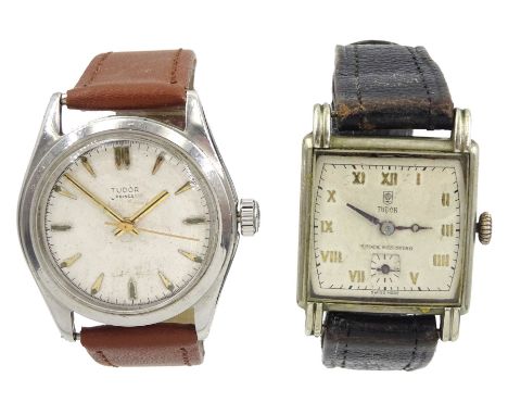 Stainless steel manual wind wristwatch, with Tudor dial and Rolex Precision case, on brown leather strap and a stainless stee