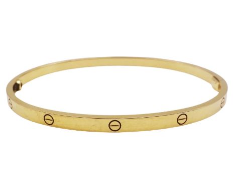 Cartier 18ct gold 'Love' Bangle, small model, hallmarked, with certificate Condition Report:Approx 21.72gm, size 19, depth = 