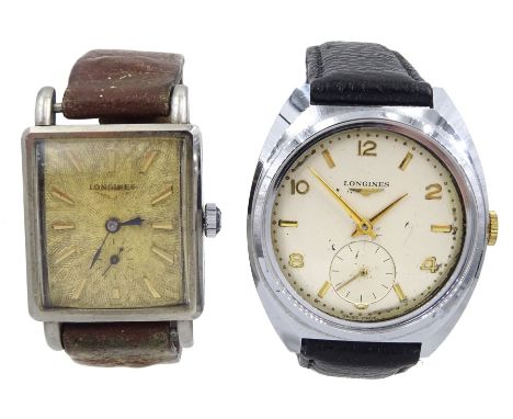 Longines gentleman's manual wind movement, Cal. 12.68Z, on black leather strap and a Longines manual wind rectangular watch, 