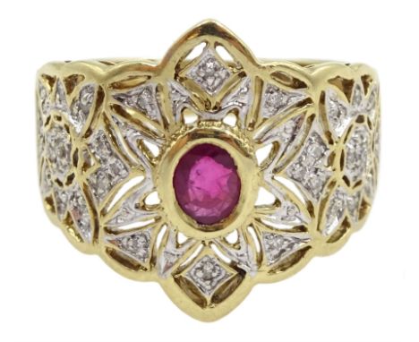 9ct gold oval ruby and pave set diamond chip, pierced openwork design ring, hallmarkedCondition Report:Approx 4.85gm, size N,