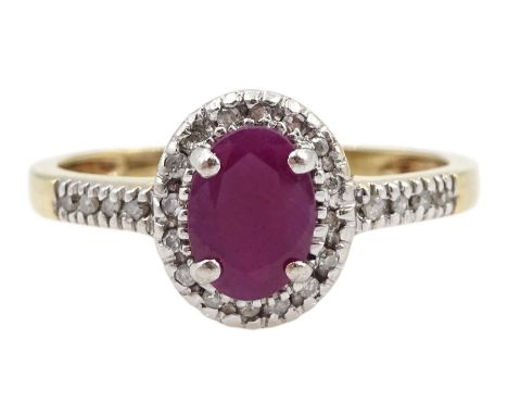 9ct gold oval ruby and diamond cluster ring, with diamond set shouldersCondition Report:Tested 9ct, pprox 2.3gm, size O-P, he