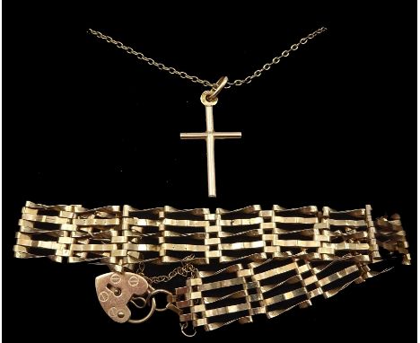 9ct gold gate bracelet with heart locket clasp and a 9ct gold cross pendant, on gilt chainCondition Report:9ct apppox 7gm