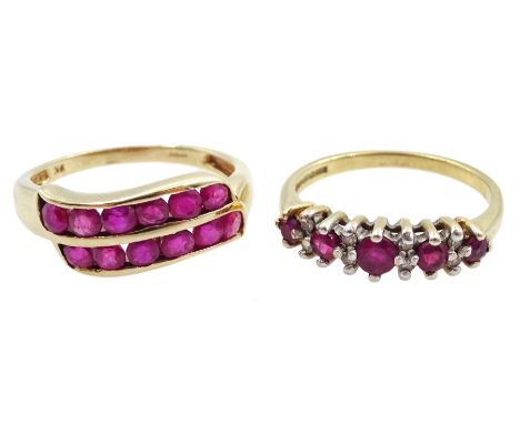 Gold two row ruby ring and a ruby and diamond ring, both hallmarked 9ct  Condition Report:Approx 4gm, ruby diamond J-K, two r