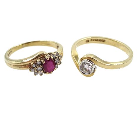 Gold single stone diamond crossover ring, diamond approx 0.20 carat and a gold ruby and diamond cluster ring, both hallmarked