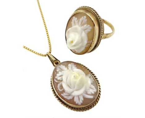 9ct gold flower design cameo ring and matching pendant, on 18ct gold chain, all hallmarkedCondition Report:9ct gold approx 8.