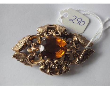 Large old gold and citrine brooch   6.5cm wide  12g inc       