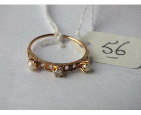 Narrow high carat multi diamond and pearl ring  approx size N        