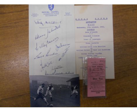 FOOTBALL   9 autographs on hotel notepaper 17th. Oct.   1951, incl. Stanley Matthews, Wally Barnes, Joe Mercer,   plus a tick