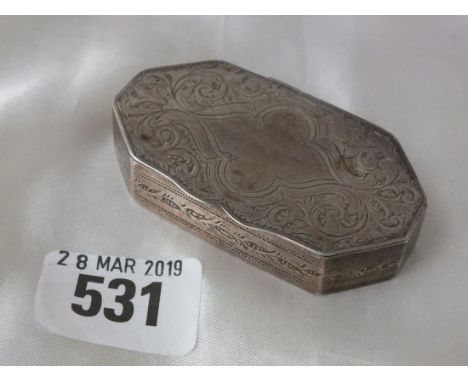 Snuff box with canted corners and engraved sides,  2.5" wide B'ham 1903 by BC 36g.     