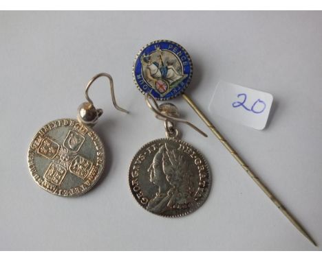 Pair silver coin earrings and an enamel coin  stick pin        