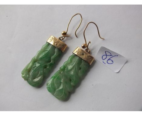 PAIR OF LONG 3CM CARVED JADE AND  gold mounted earrings 7g inc      