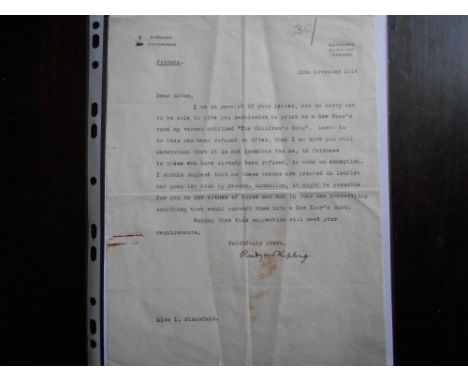 KIPLING, R.   Typed, autographed letter 10th. Nov.   1914 refusing permission to print his poem 'The   Children's Song' on a 