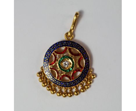 A yellow metal, enamel and diamond set pendant, of circular openwork form, the blue enamel border with Greek key design, cent