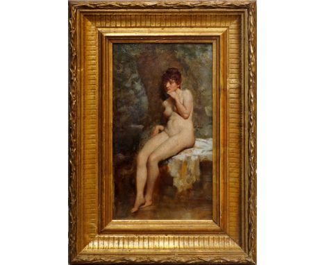 French School, late 19th century- Female nude seated full-length; oil on panel, 23.5x14cm CONDITION REPORT: In a gilded frame