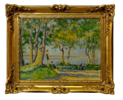 Arthur Henry Jenkins, British 1871-1940- "Tea Garden above Honfleur"; oil on board, signed, 34x44cm CONDITION REPORT: in a gi