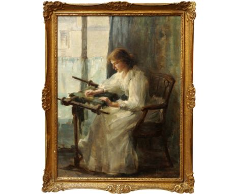 Mary B Barnard, British 1870-1946- Portrait of a lady sewing; oil on canvas, signed, 64.4x47.5cm, (may be subject to Droit de