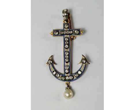 A diamond set and enamel anchor brooch / pendant, 19th century, lilac and white enamels to front and verso, set with twenty-f