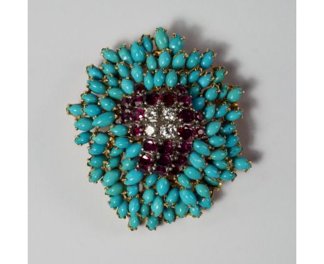 An 18ct yellow and white gold, turquoise, ruby and diamond set brooch, import marks for 1965, of abstract form, approx 4.5cm 
