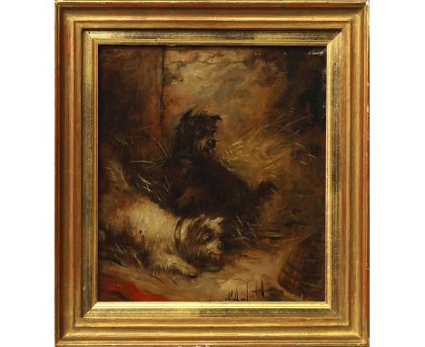 George Armfield, British 1810-1893- Terriers ratting and Spaniel and terrier waiting; oils on panel, two, both signed, 19.9x1