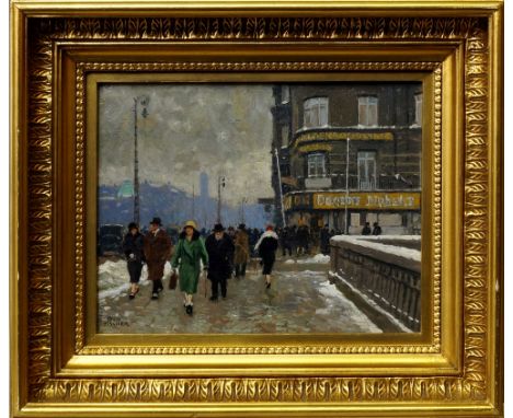 Paul Fischer, Danish 1860-1934- "Gadeparti fra København, vinter"; oil on panel, signed, 19x24.7cm  CONDITION REPORT: in a gi