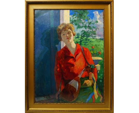 Dezso Udvary, Hungarian 1891-1975- Portrait of a woman in red; oil on board, signed and dated 919, 100x73cm (may be subject t