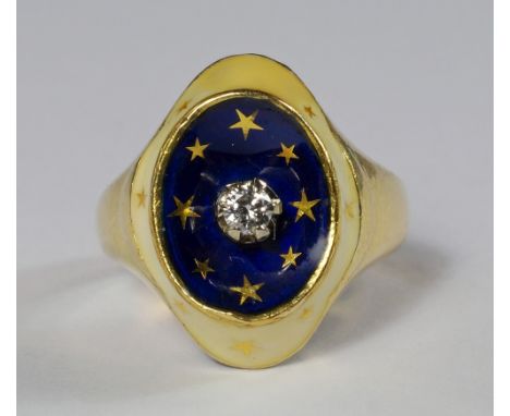 A gold and enamel diamond set ring, the approx 0.01ct single diamond centrally mounted within the concave Royal blue enamelle