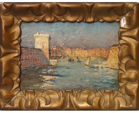 Sauveur Bernay-Theric, French 1874-1963- Mediterranean harbour scene with shipping; oil on panel, signed, 16x23cm (may be sub