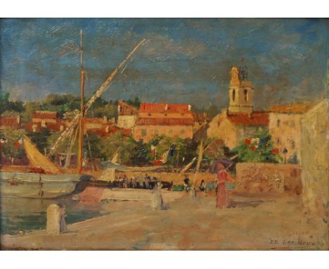 Edouard Cremieux, French 1856-1944- Mediterranean harbour scene; oil on board, signed, 23.5x32.5cm CONDITION REPORT: in a gil
