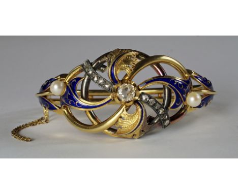 A 19th century 18ct gold, enamel, diamond and pearl set bangle, of scrolled design and chased acanthus leaves, the central di