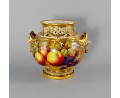 A Royal Worcester twin handled porcelain vase decorated by M. M. Price, the body of globular form, the neck hung with swags a