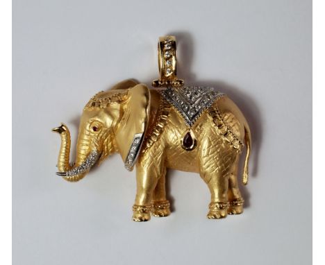 An 18ct gold, diamond and ruby set elephant pendant, realistically modeled with diamond set trunk, ears and back-cover, appro