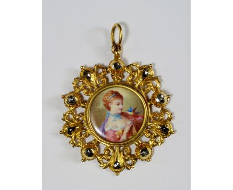 A diamond set portrait pendant, 19th century, the unmarked yellow metal openwork frame set with rose cut diamonds, engraved t