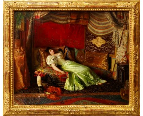 Georges Croegaert, Belgian 1848-1923- "Dreams Of The Orient"; oil on panel, signed and inscribed, 46x56cm

Provenance: Sotheb