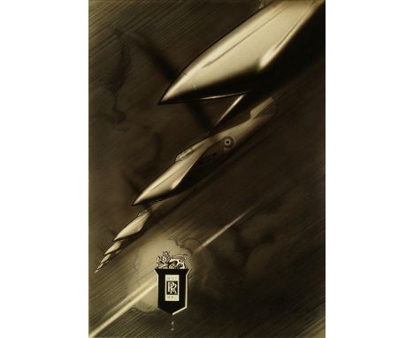 William Edward Trevithick, British 1899-1958- Rolls-Royce with RAF logo on planes; gouache/collage with white opaque and air 