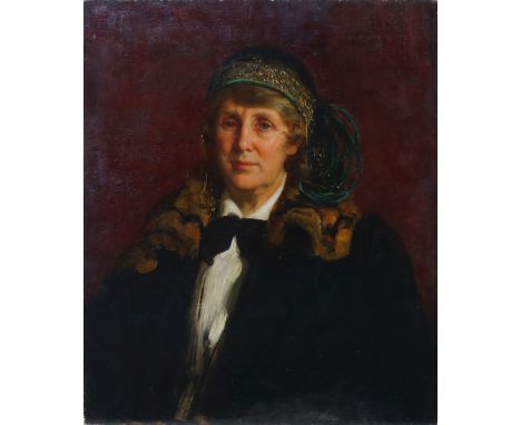 Sir James Jebusa Shannon RA RBA RHA, British 1862-1923- Portrait of a lady, quarter length, in a fur trimmed coat and feather