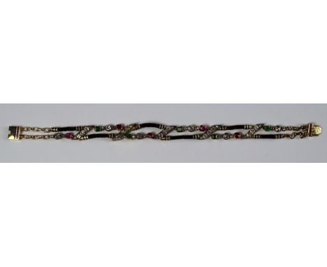 An unusual gem set, enamel and plaited hair bracelet, early 20th century, in the style of Cartier, a double row of plaited ha