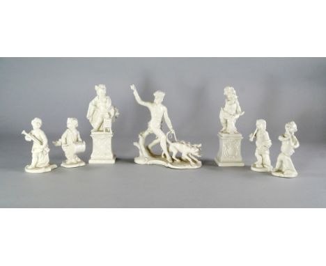 A group of Nymphenburg blanc-de-chine porcelain figure groups, 20th century, to comprise a man leading hunting dogs, two cher