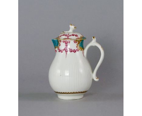 A Worcester porcelain sparrow beak jug and cover, 18th century, overall of reeded design,  the lid with foliate finial, paint