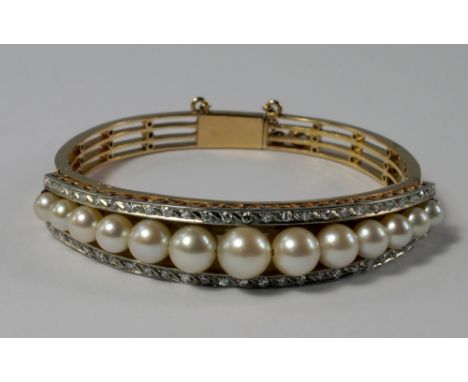 A Continental 18ct gold, pearl and diamond set hinged bangle, the shaped open work bangle set with a channel of graduated cul