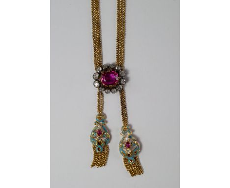 A diamond, pink sapphire and enamel negligee necklace, 19th century, fine unmarked yellow metal cable link chains leading to 