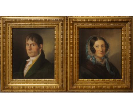 American Provincial School, mid 19th century- Portrait of a man and a woman, pastel on paper, a pair, in matching glazed gilt