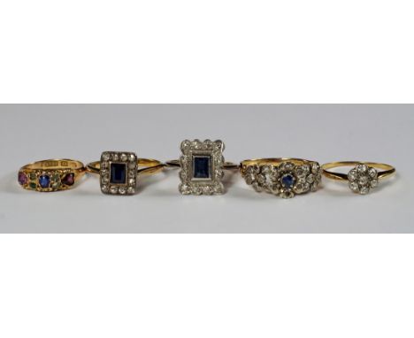 A collection of five gem set rings, to include an attractive diamond set ring of floral design, set with a central sapphire, 