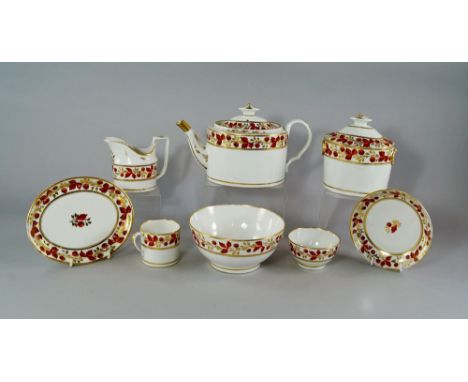 A English porcelain tea service, early/mid 19th century, painted and gilt with bands of strawberries and line decoration, to 