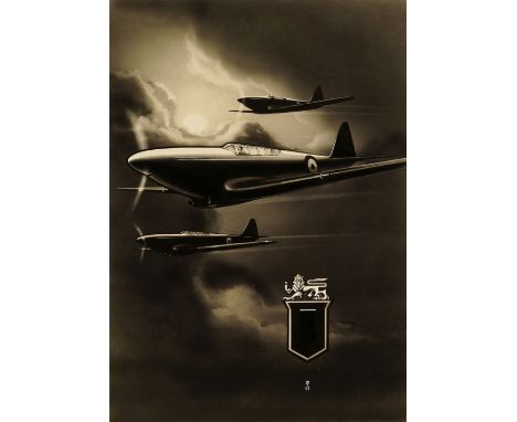 William Edward Trevithick, British 1899-1958- Rolls-Royce with three RAF planes in formation; gouache with white opaque and a