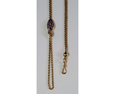 A gold rope twist long-guard chain, with chased and enamel slider, late 19th, early 20th century, approx 84cm, rubbed Contine