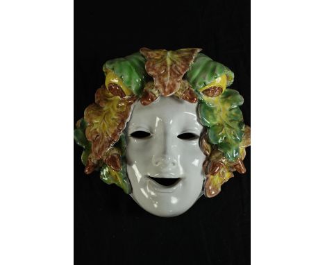 Ceramic mask. Italian Art Deco style Bacchus. Majolica Pottery. H.23 W.23 cm. 