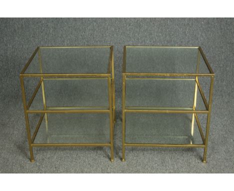Bedside tables or lamp tables, pair, gilt metal and glass. H.51 W.45 D.45cm. 